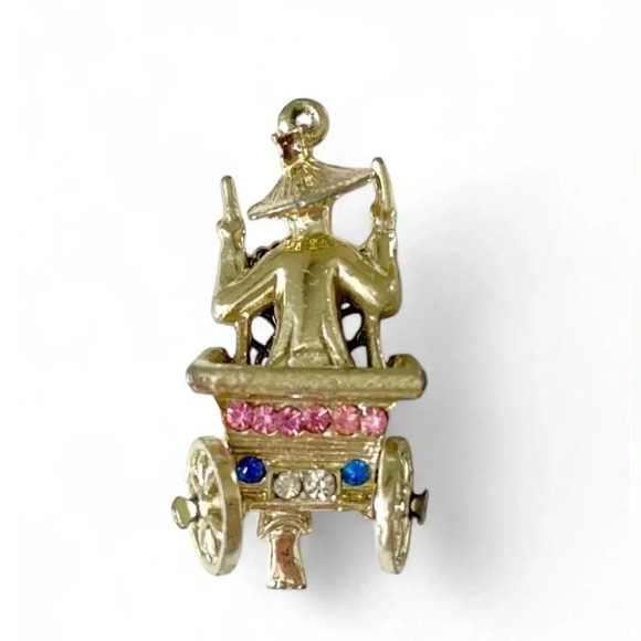 Vintage Asian Rickshaw Wheel Cart Man Gold Tone Rhinestone Pendant for Necklace - Picture 1 of 6